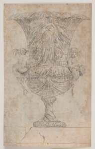 Zier-Vase mit zwei Putti (Meerjungfrauen?). Kopie nach Radierung (Tafel 9) aus der Suite der 1746 von Saly gezeichneten Vasen. "Vasa a se inventa..." von Jacques Francois Joseph Saly