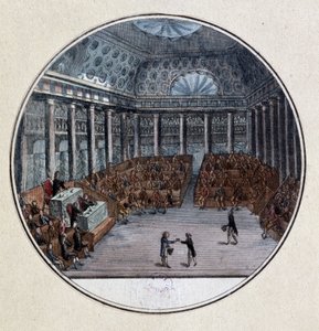 Staatsstreich des Dritten Standes: „Die Abgeordneten der Gemeinden bildeten sich allein zur Nationalversammlung, gegen den Willen der Abgeordneten des Adels und des Klerus, die sich am 17. Juni 1789 in zwei Kammern versammelten“ Gravur von Jacques-Francois