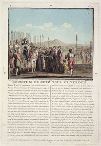 Henri II (1519-59) erhält die Schlüssel von Metz, Toul und Verdun (1552), graviert von Jean Baptiste Morret (fl.1790-1820), 1790