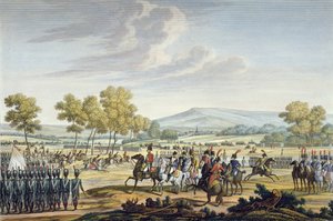 Die kaiserliche Garde manövriert in Anwesenheit der beiden Kaiser in Tilsit, 28. Juni 1807, graviert von Edme Bovinet (1767-1832) von Jacques Francois Joseph Swebach
