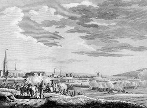 Krieg der Französischen Revolution und antirevolutionäre Bewegungen: Französischer Sieg in der Schlacht von Hondschoote bei Dünkirchen gegen die britischen und österreichischen antirevolutionären Truppen im Jahr 1793. Gravur von Berthaut nach Swebach. Pari von Jacques Francois Joseph Swebach