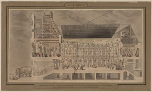 Querschnitt des Hôtel de Ville in Perspektive, der die Dekoration und Beleuchtung des Hofes und der Räume zeigt, die anlässlich des Balls in der Nacht vom 30. auf den 31. August 1739 geschaffen wurden