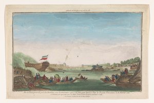 Blick auf den Port des Invalides in Paris mit dem Stapellauf der Pariser Fregatte am 18. Februar 1761