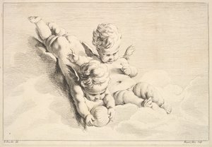 Zwei Cupidos, einer hält einen Ball
