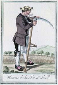 Mann aus dem Schwarzwald, der seine Sense für die Ernte schärft - in „Encyclopedia of Voyages“ von Grasset St Sauveur, ed. Deroy, Paris von Jacques Grasset de Saint Sauveur