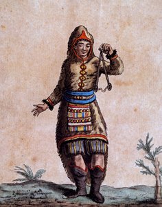 Frau aus der Hudson Bay in traditioneller Tracht, Farbgravur von Laroque, aus der Encyclopedia of voyages, von Jacques Grasset de Saint-Sauveur von Jacques Grasset de Saint Sauveur