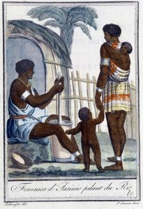 Frauen von Issinie, die Reis stampfen - in „Encyclopedia of Travels“ von Grasset St Sauveur, ed. 1796
