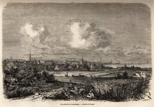 Gesamtansicht von Kopenhagen, Zeichnung von Jacques Guiaud (1810-1876), zur Illustration der Reise von J.M.Dargaud nach Dänemark (1800-1860) im Jahr 1860. Gravur in „Le tour du monde“, herausgegeben von Edouard Charton. von Jacques Guiaud