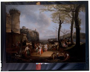 La Tarantelle: Eine abendliche Küstenlandschaft mit neapolitanischen Bauern, die die Tarantella tanzen von Jacques Henri Sablet