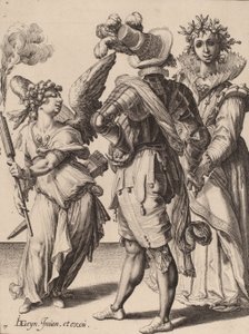 Ein blind gefesselter Amor hält eine Fackel vor ein Paar, zugeschrieben Zacharias Dolendo, 1595-6 (Gravur auf Büttenpapier)