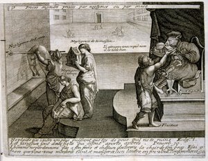 17. Jahrhundert gravierte Illustration aus einer Sammlung von Sprichwörtern. Paris 1657-1663. Von Jacques Lagniet (1620-1675). Französischer Graveur. Von ihm viele sozialkritische Gravuren und Spottbilder wie seine manchmal grotesken und fantastischen Illu von Jacques Lagniet