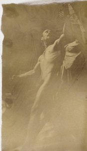 Studie eines männlichen Aktmodells mit der Hand in einer Halterung, von unten gesehen, im Atelier von Jacques de Lalaing