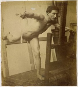Studie eines männlichen Aktmodells, nach vorne gebeugt mit dem rechten Bein nach hinten, im Atelier von Jacques de Lalaing von Jacques Lalaing (attributed to)