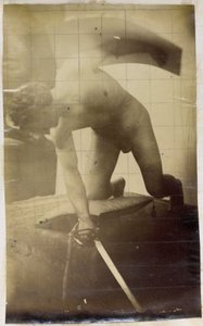 Studie eines männlichen Aktmodells, kniend mit Schwert und Schild in den Händen, im Atelier von Jacques de Lalaing von Jacques Lalaing (attributed to)