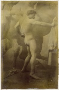 Studie eines männlichen Aktmodells, stehend vor dem Hintergrund eines monumentalen Wandgemäldes von Pferden, im Atelier von Jacques de Lalaing von Jacques Lalaing (attributed to)