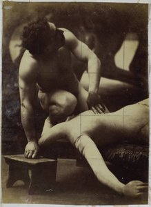 Studie eines männlichen Aktmodells, das mit einer Gliederpuppe ringt, im Atelier von Jacques de Lalaing von Jacques Lalaing (attributed to)