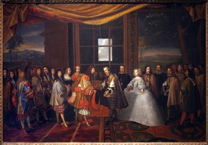 Dreißigjähriger Krieg: Treffen des Königs von Frankreich Ludwig XIV. (1638-1715) und Philipp IV. von Spanien (1605-1665) auf der Insel der Pässe am 7.11.1659. Spanien stimmt zu, den Pyrenäenfrieden zu unterzeichnen. Die Tochter von Philipp IV., Marie There