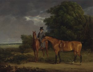 Ein Stallknecht auf einem Kastanienbraunen Jäger, er hält einen Braunen Jäger an den Zügeln von Jacques Laurent Agasse