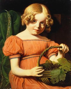 Porträt von Louisa Booth, sitzend halb lang, in einem korallenroten Kleid mit blauem Zopf, einen Korb mit Trauben haltend