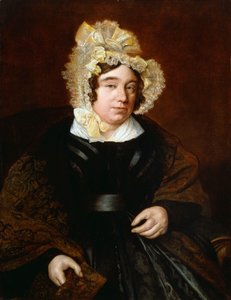 Porträt von Mrs. Edward Cross, sitzend, halblang, in einem dunklen Satinkleid mit einem Paisley-Schal
