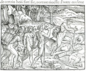 Indische Ureinwohner machen Feuer nach der Jagd, graviert von Theodor de Bry (1525-75)