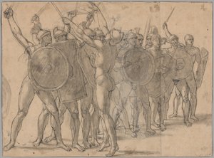 Nackte Soldaten, die mit ihren Waffen gestikulieren (recto); Zwei Draperiestudien für die Figur von Tatius (verso) von Jacques Louis David