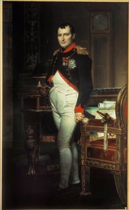 Ganzkörperporträt von Napoleon I. (1769-1821) in seinem Arbeitszimmer in den Tuilerien. Gemälde von Jacques Louis David (1748-1825) 1812. Privatsammlung.