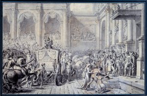 Die Ankunft der Kutsche von Kaiser Napoleon I. (1769-1821) im Hotel de Ville de Paris am 16.12.1804 anlässlich seiner Regierung. Zeichnung von Jacques Louis David (1748-1825)