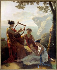 Griechische Dichterin Sappho spielt Lyra mit zwei ihrer Gefährtinnen von Jacques Louis Michel Grandin