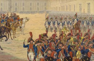 Erste Überprüfung der Konsulargarde auf dem Exerzierplatz im Tuilerienpalast von Jacques Marie Gaston Onfray de Breville (Job)