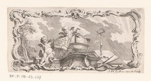 Vignette mit zwei Putti mit Landkarte, Globus und Messinstrumenten