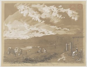 Landschaft mit Frau und Hund