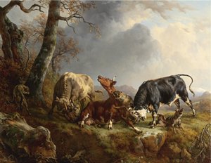 Zwei Bullen verteidigen eine von Wölfen angegriffene Kuh von Jacques Raymond Brascassat