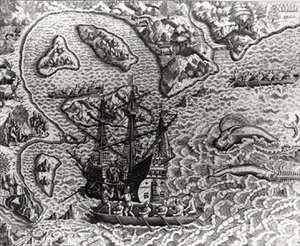 Johannes Staden kommt auf einer unbekannten Insel an und findet die Portugiesen bereits dort, aus Americae, 1593, geschrieben und graviert von Theodor de Bry (1528-98) von Jacques d.158788 after Le Moyne