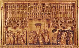 Altarbild der Heiligen und Märtyrer, zentrale Tafel die Enthauptung von Johannes dem Täufer, das Martyrium der Heiligen Katharina von Alexandria und der Heiligen Barbara und die Versuchung des Heiligen Antonius, ca. 1391
