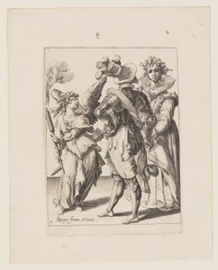 Ein blind gefalteter Amor, der eine Fackel vor einem Paar hält, aus Die Maskeraden von Jacques de Gheyn II