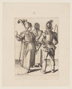 Ein Grandee in östlicher Kleidung, ein Mann mit einem Hahn an seinem Gürtel und eine verschleierte Frau, die den Rumbling-Pot spielt, aus Die Maskeraden