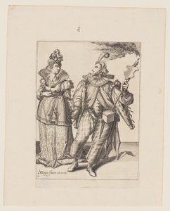 Eine Frau, geführt von einem Spieler mit einer Fackel, aus Die Maskeraden von Jacques de Gheyn II