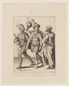 Ein alter Mummer spricht ein Paar in Blättern und Vogelfedern an, aus The Masquerades