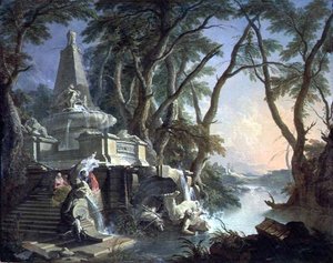 Der Pyramidenbrunnen mit einer zerbrochenen Statue von Neptun, oder Landschaft: Der Fluss von Jacques de Lajoüe