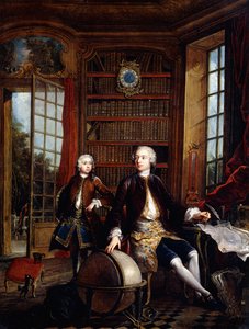Porträt des Sohnes des Künstlers mit seinem Lehrer, angeblich der Künstler Jean Baptiste de Courtonne der Jüngere, in einer Bibliothek