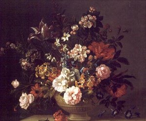 Rosen, Tulpen und andere Blumen in einer Urne auf einem Sims von Jakob Bogdani or Bogdany