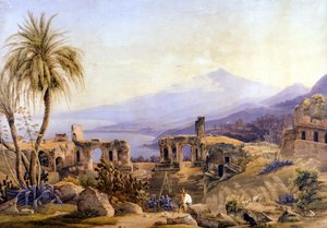 Taormina in Sizilien: die Ruinen und der Ätna. Gemälde von Jacob Suter, um 1850 von Jakob Suter