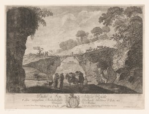 Berglandschaft mit einer Holzbrücke zwischen zwei Felsen