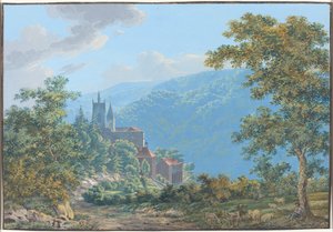 Eine Festung in einer Berglandschaft bei Sonnenaufgang