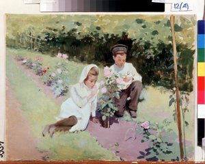 "Am Rosenstrauch" Zwei Kinder in einem Rosengarten. Gemälde von Jakov Kalinichenko (1869-1938) 1908 Staatliches Regionales I. Pozhalostin Kunstmuseum, Ryasan von Jakoff Jakovlevitch Kalinitchenko