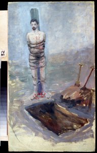 Russische Revolution von 1905: "Die Hinrichtung" Ein Verurteilter an einen Pfahl gebunden nahe seinem ausgehobenen Grab. Gemälde von Jakov Kalinichenko (1869-1938) 1905 Staatliches Regionales I. Pozhalostin Kunstmuseum, Ryasan