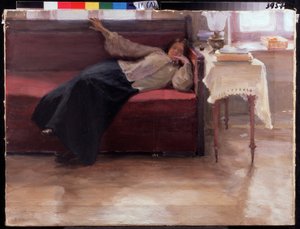 "Songes" junge nachdenkliche Frau auf einem Diwan. Gemälde von Jakov Kalinichenko (1869-1938)