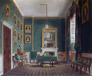 Grünes Rückzugszimmer, Gravur von Daniel Havell (1785-1826), basierend auf einem Entwurf von James Stephanoff (ca. 1788-1874), aus The History of the Royal Residences
