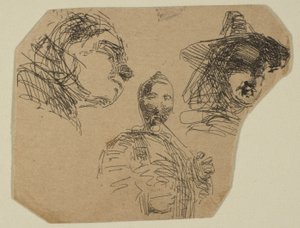 Zwei weibliche Köpfe und stehende Figur aus Skizzen auf der Küstenvermessungsplatte, 1854-55 von James Abbott McNeill Whistler